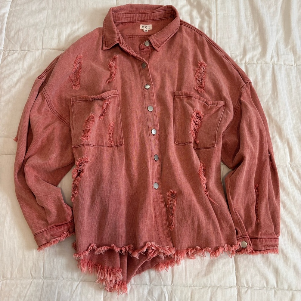 POL Distressed Shacket in Vintage Rose | Pink Denim Boho Jacket